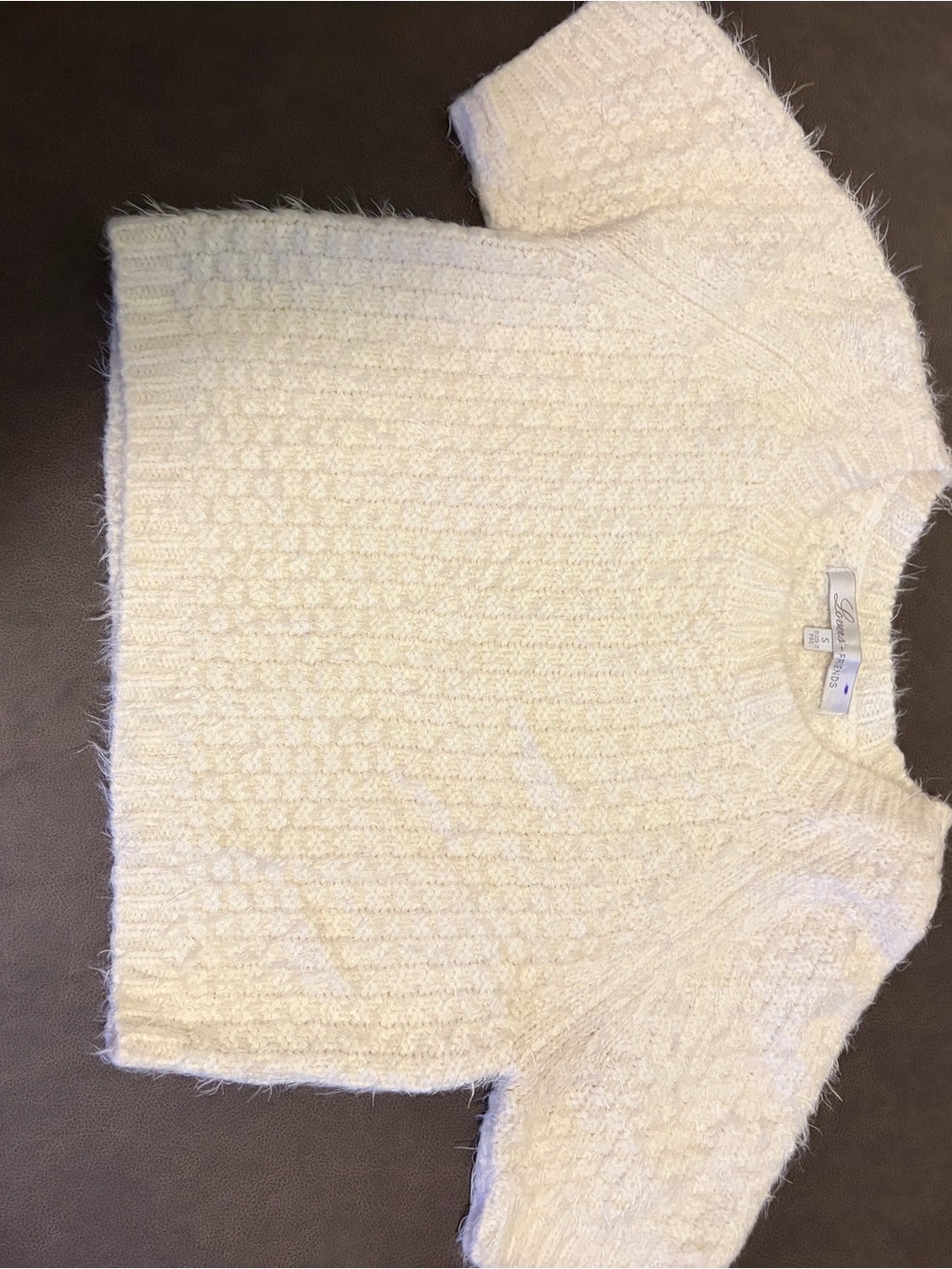 Lovers + Friends Cream Fuzzy Cropped Short Sleeve Sweater S
